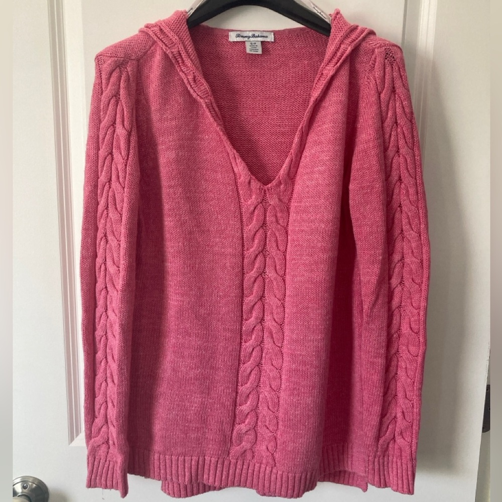 Tommy Bahama Womens Tuberose Pink Coastal Cable Hoodie Cotton Sweater Small